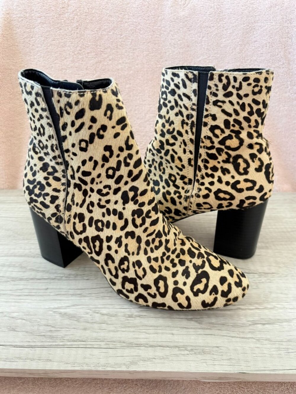 Halogen Abbi Leopard Calf Hair Zip Black Stacked 3.25" Block Heel Ankle Boot 9.5